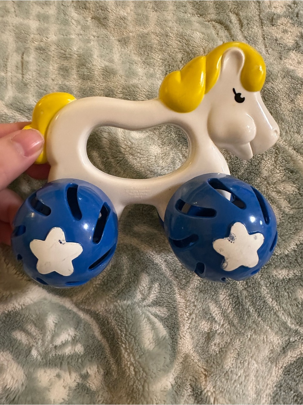 Vintage 70s White and Yellow Pony Rattle with Blue Wheels - Kids Toy